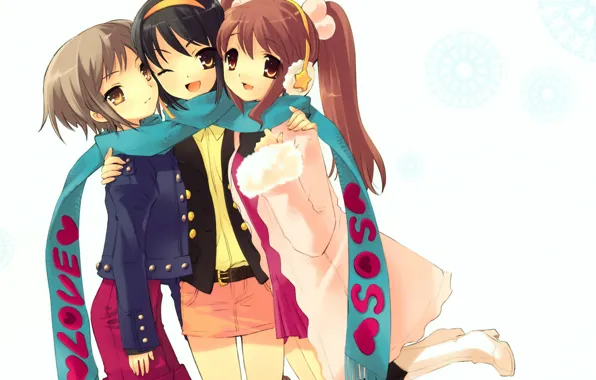 Scarf, three, nagato yuki, art, friend, mini skirt, mikuru asa, haruhi suzumiya