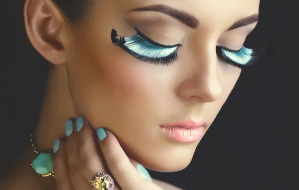 Picture eyelashes, model, hand, makeup, ring, closed eyes