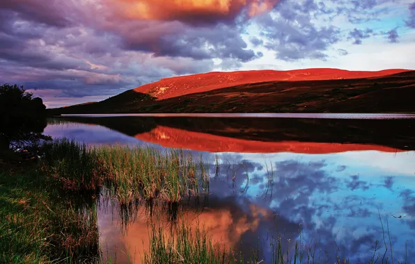 The sky, clouds, lake, reflection, mountain, the evening
