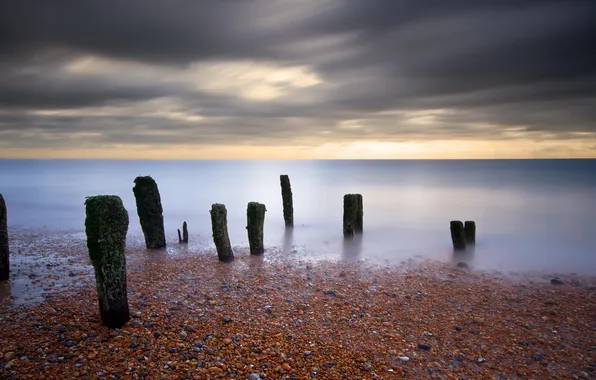 Picture sand, sea, pebbles, shore, Landscape, piles