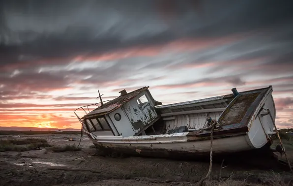 Landscape, sunset, ship, stranded