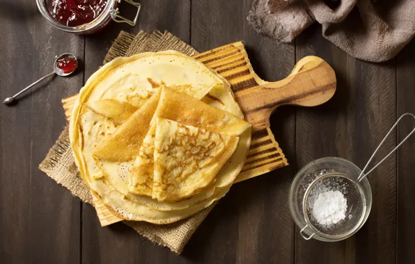 Table, Board, towel, spoon, Bank, bowl, pancakes, jam