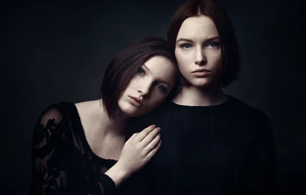 Portrait, freckles, two girls, Studio, color grading