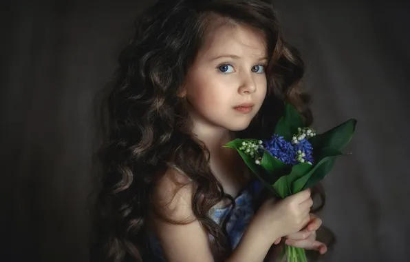 Look, leaves, flowers, face, the dark background, child, portrait, spring