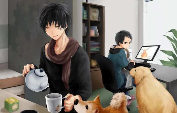 Dogs, tea, kettle, Cup, monitor, Durarara, Durarara, Of Izaya Orihara