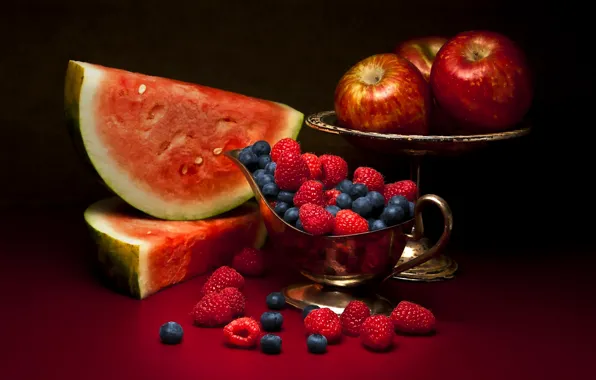 Berries, raspberry, apples, watermelon, fruit, still life, blueberries