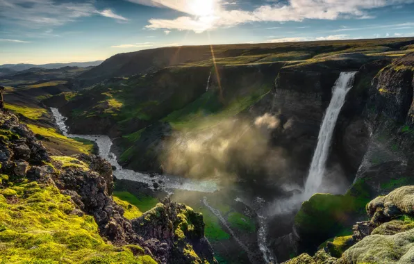 Picture the sky, the sun, clouds, river, stones, rocks, waterfall, Iceland
