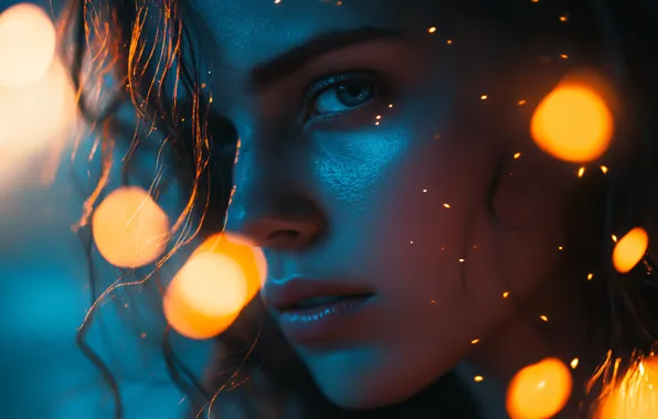 Look, girl, face, lights, glare, the dark background, hair, portrait