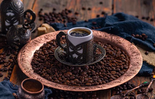 Table, coffee, plate, Cup, dishes, fabric, drink, coffee beans