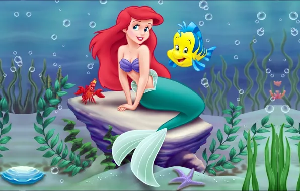 Sea, algae, cartoon, crab, mermaid, Disney, Ariel, Ariel