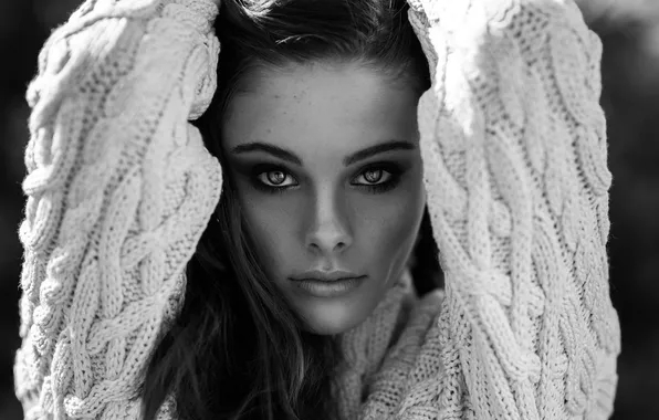 Black & white, girl, Model, photo, monochrome, face, brunette, b&w