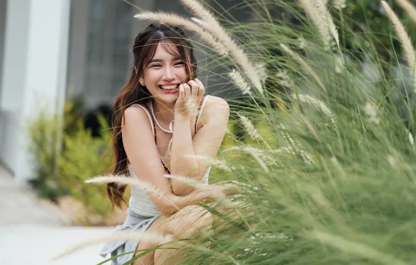 Picture grass, look, the sun, pose, model, portrait, makeup, hairstyle