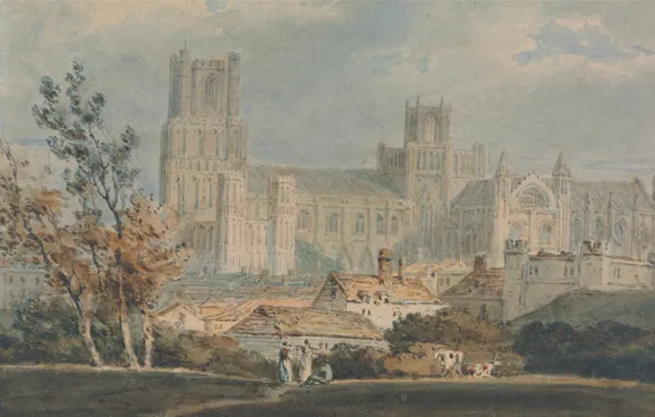 Landscape, picture, watercolor, William Turner, View of Ely Cathedral