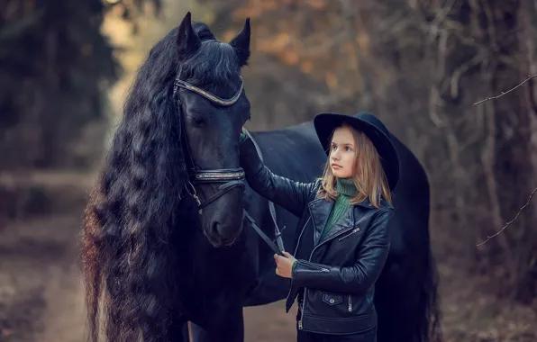 Nature, animal, horse, horse, hat, jacket, girl, child
