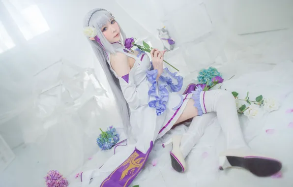 White, purple, look, girl, flowers, face, pose, room