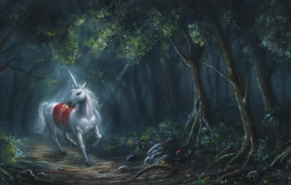 Forest, white, horse, fantasy, art, unicorn, horn