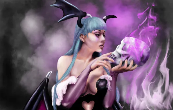 Girl, magic, skull, wings, art, morrigan