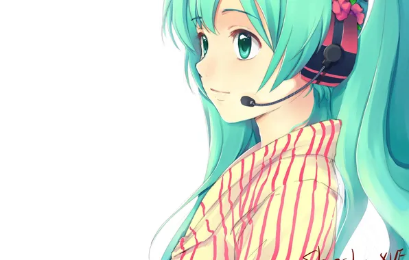 Girl, flowers, headphones, art, microphone, vocaloid, hatsune miku, Vocaloid
