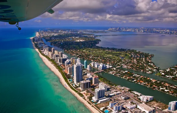 Beach, the city, the ocean, Miami, America, the plane