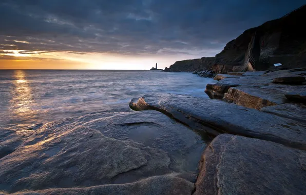Sea, landscape, night, rocks, lighthouse