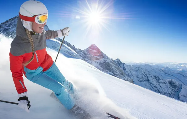 Girl, the sun, snow, joy, ski
