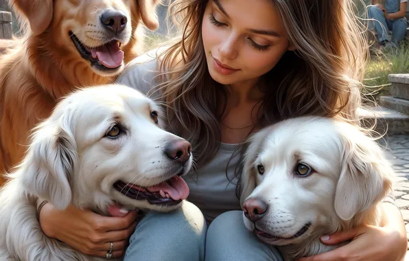 Dogs, look, girl, company, sitting, friends, Pets, retrievers