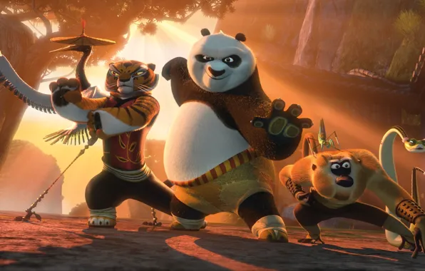 Picture sunset, snake, mantis, monkey, tigress, crane, Kung fu Panda 2, Kung Fu Panda 2