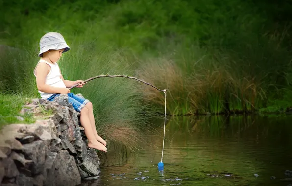 Wallpaper summer, river, fishing, boy for mobile and desktop
