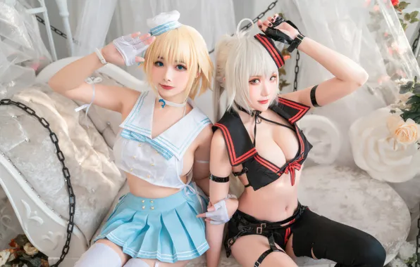 Wallpaper women, Momoko Aoi, GuaXiJiang, two women, Asian, sitting, model, cosplay