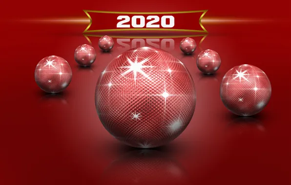 Stars, red, balls, Shine, New Year, rojdestvo, New 2020, red balls reflection