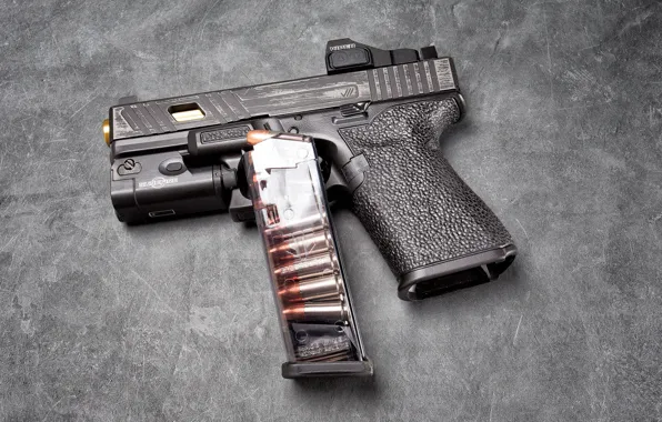 Macro, gun, background, clip, Glock 19, self-loading, tactical flashlight