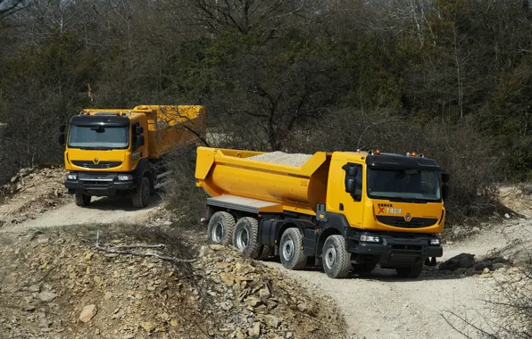 Trucks, vegetation, Renault, orange, primer, 8x4, 6x4, triaxial