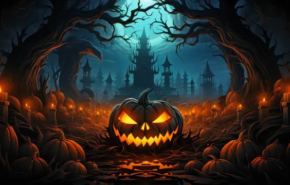 Trees, night, castle, fear, the moon, candles, pumpkin, horror