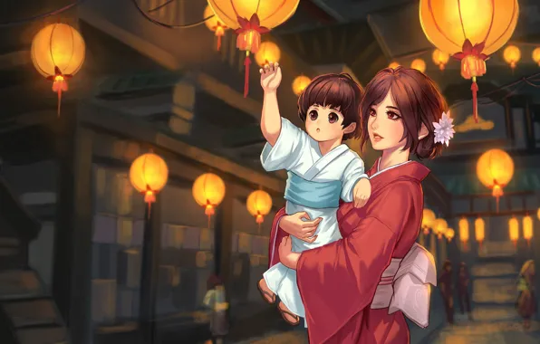 Picture holiday, anime, lanterns, mom, daughter, Vu Nguyen, A Night in Kugane, obon