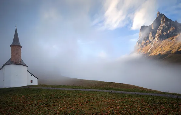 Picture mountains, fog, Austria, Church