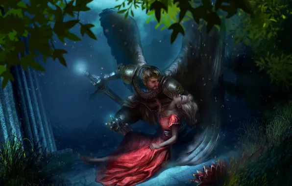 Picture forest, wings, sword, murder, fantasy, sword, fantasy, knight