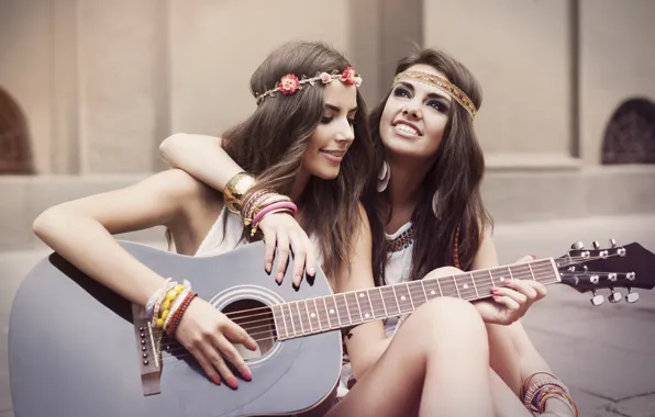 Girls, guitar, friendship, smile, girlfriend