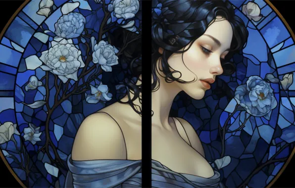 Chest, look, girl, flowers, portrait, round, brunette, stained glass