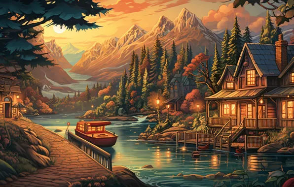 Autumn, forest, mountains, boat, houses, house, painting, pond