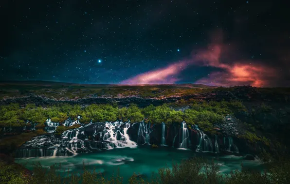 Picture beauty, mountains, shrubs, night, the night sky, shore, waterfalls, night