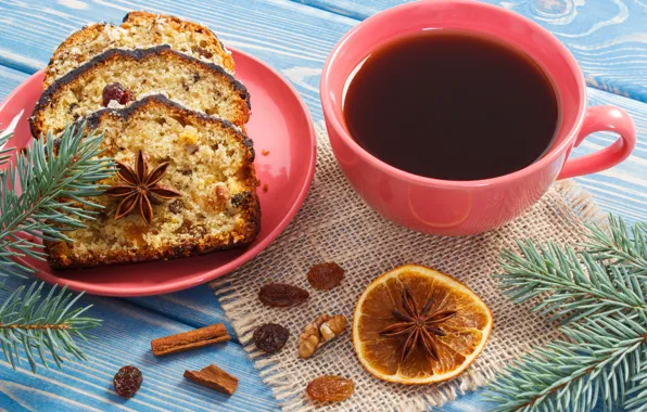 Branches, holiday, lemon, new year, coffee, cinnamon, cakes, decor
