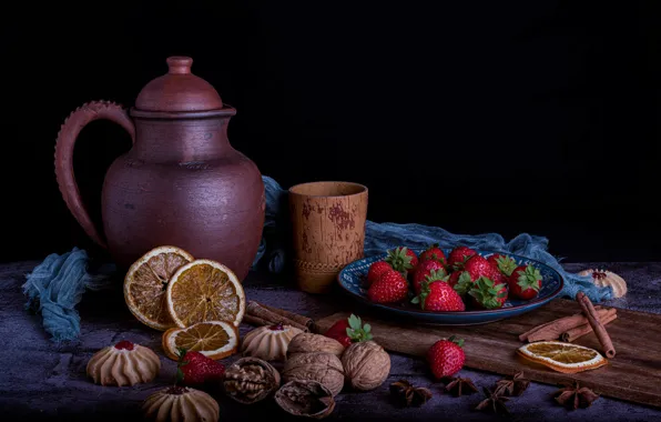 Glass, berries, table, lemon, cookies, strawberry, plate, fabric