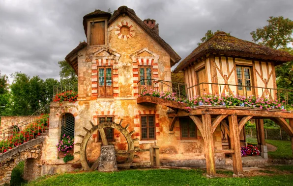 The sky, clouds, flowers, house, wheel, hdr, mill, stage