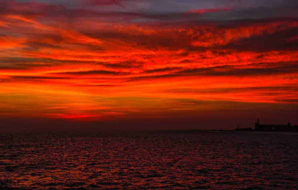 Picture sea, the sky, clouds, night, lights, port, glow