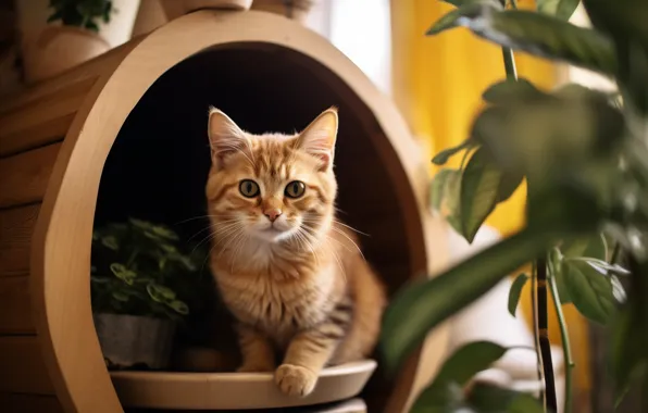 Cat, look, pose, kitty, plants, red, house, barrel