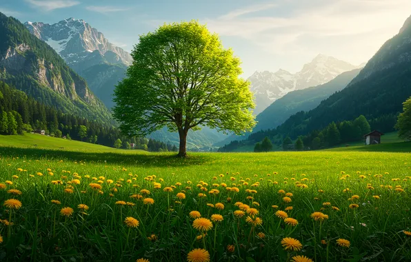 The sky, grass, clouds, mountains, tree, spring, valley, grass