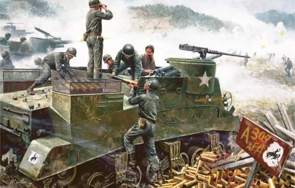 Picture figure, art, American, South Korea, M. Kunstler., firing position, Hongchon, May 18, 1951