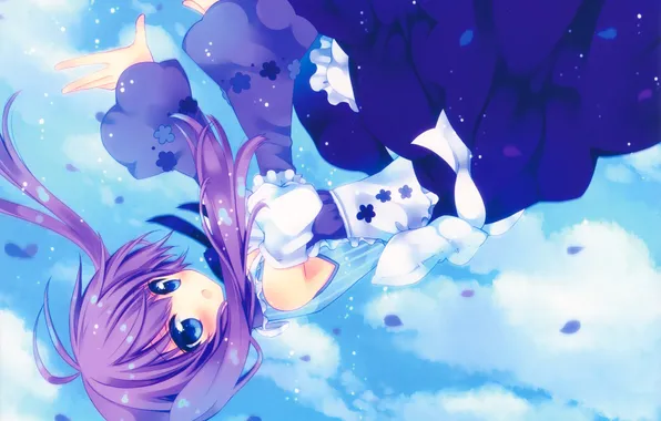 The sky, girl, clouds, anime, petals, drop, art, konno kengo