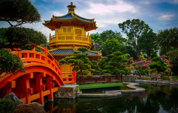 Trees, bridge, pond, Park, Hong Kong, garden, pagoda, Hong Kong