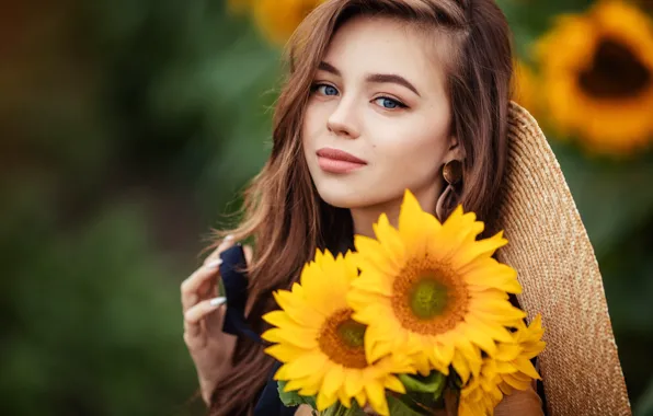 Sunflowers, flowers, girl